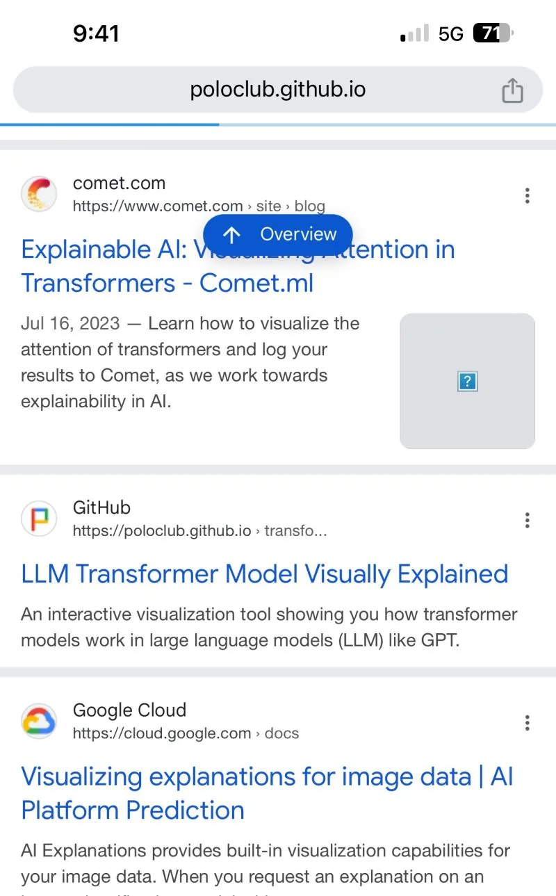 Mobile search results on explainable AI and LLM transformer visualizations