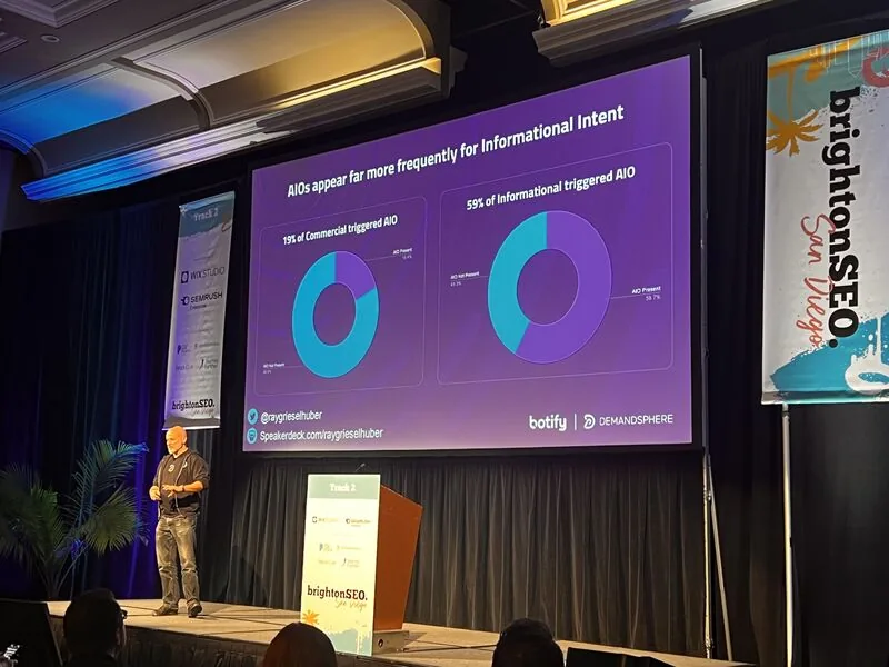 BrightonSEO stage talk with AI Overviews intent chart on screen
