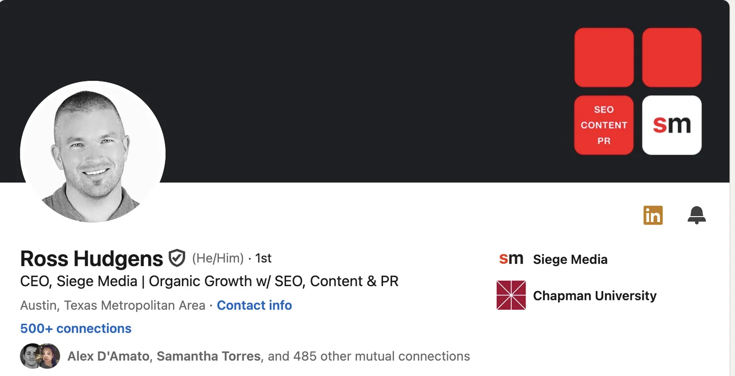 Ross Hudgens LinkedIn profile header with mutual connections line