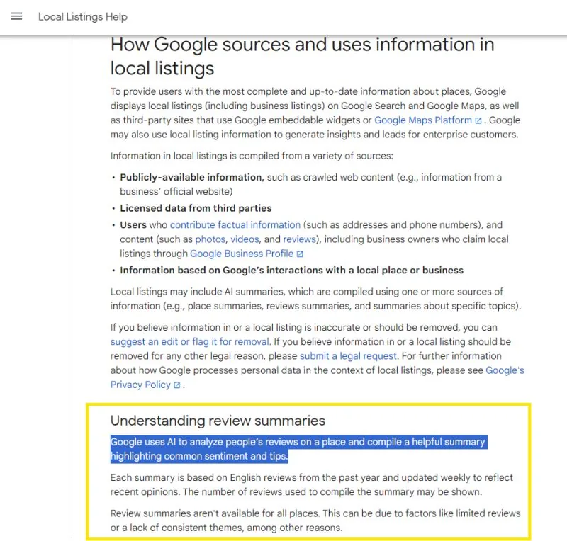 Google local listings help page; AI review summaries highlighted