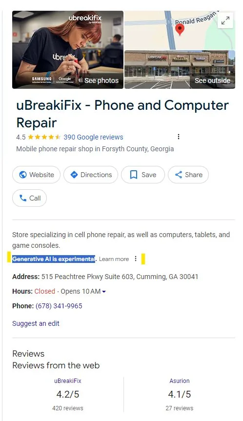 UBreakiFix Google Business Profile with AI review summary highlighted
