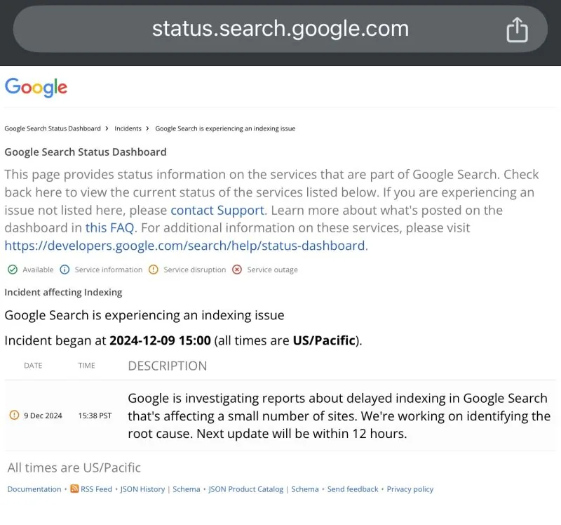 Google Search Status Dashboard: indexing issue, December 9, 2024