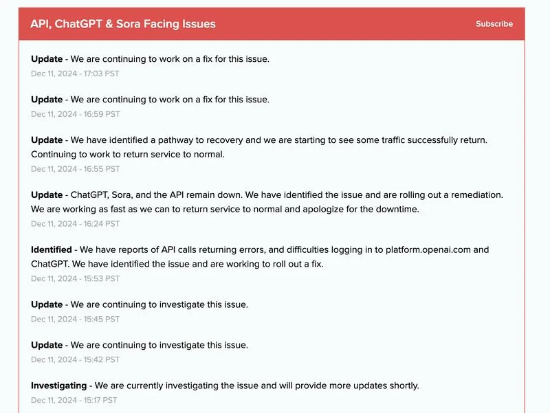 OpenAI status page: API, ChatGPT and Sora facing issues