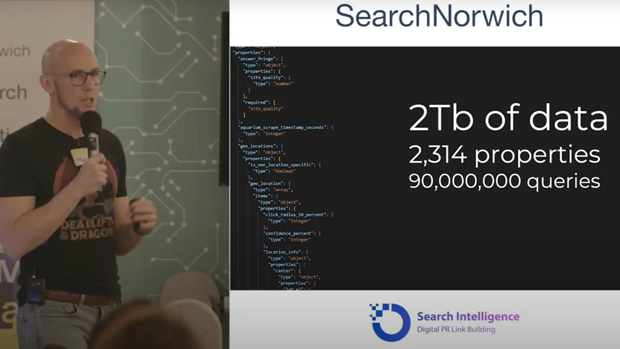 SearchNorwich talk frame: speaker, "2Tb of data, 90,000,000 queries" slide