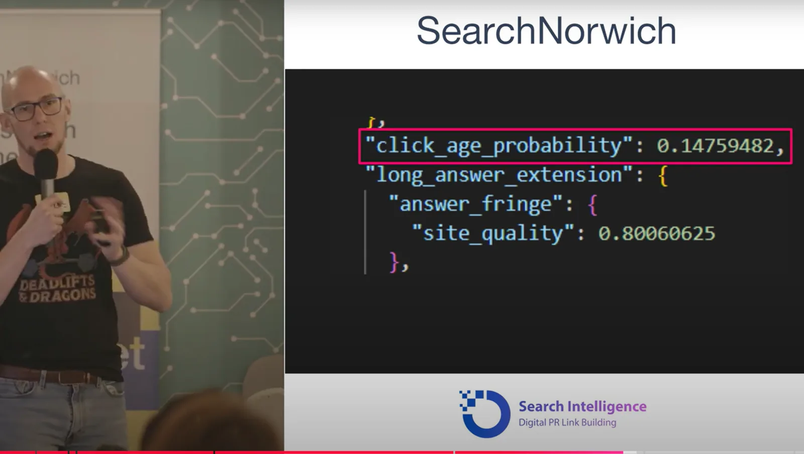SearchNorwich slide: JSON with click_age_probability and site_quality fields