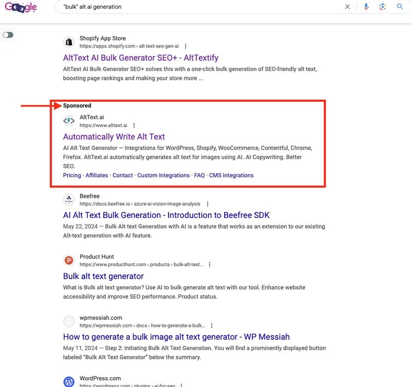 Google results for "bulk alt text generation", AltText.ai ad highlighted