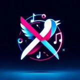 Small neon logo graphic: bird and X shape with music notes