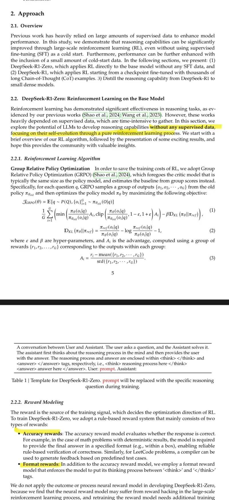 DeepSeek-R1 paper pages on reinforcement learning, highlights added