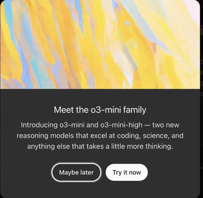 "Meet the o3-mini family" announcement pop-up