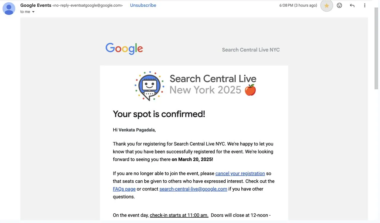 Email confirming Venkata's registration for Search Central Live NYC 2025