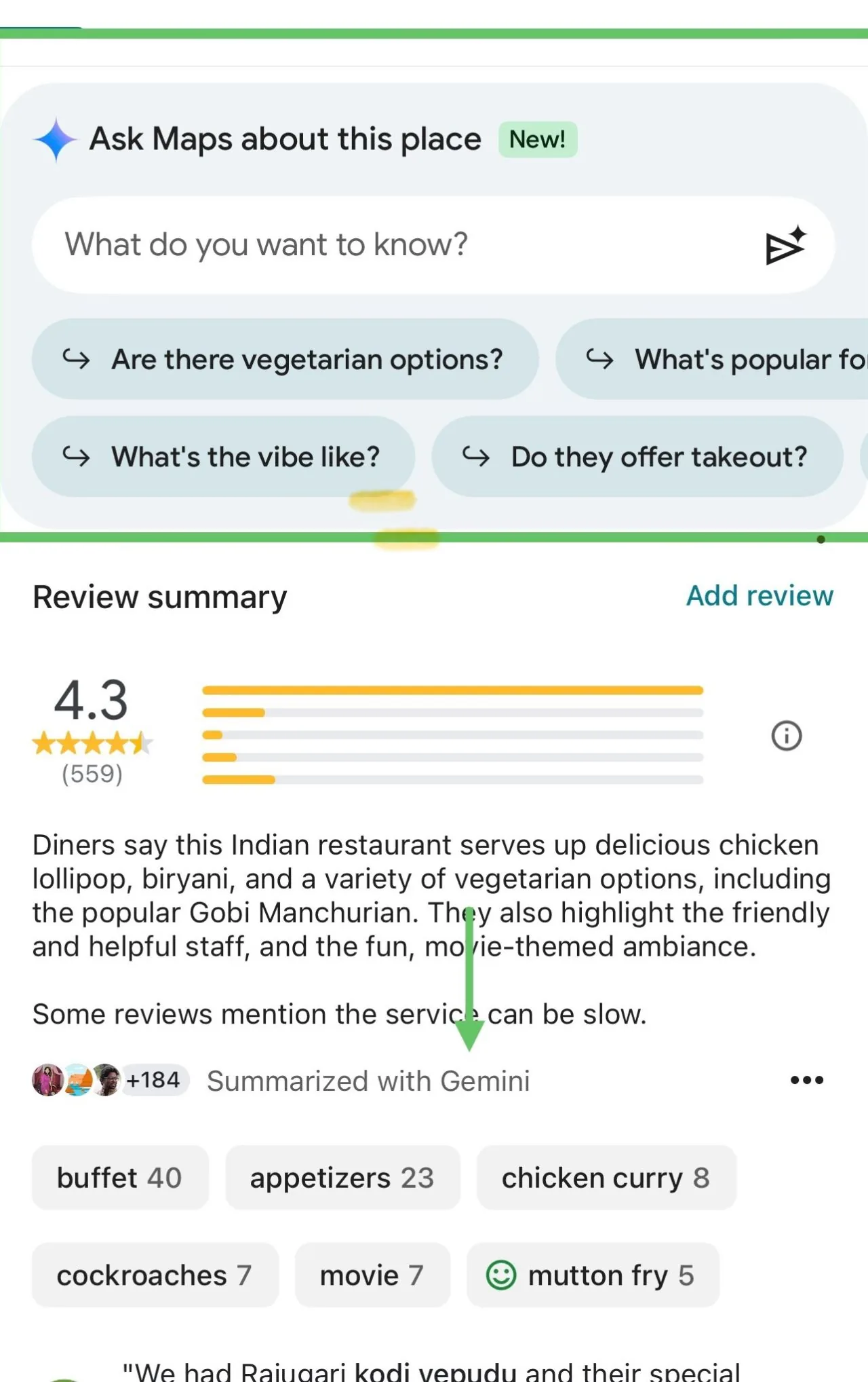 Google Maps "Ask Maps about this place" with Gemini review summary
