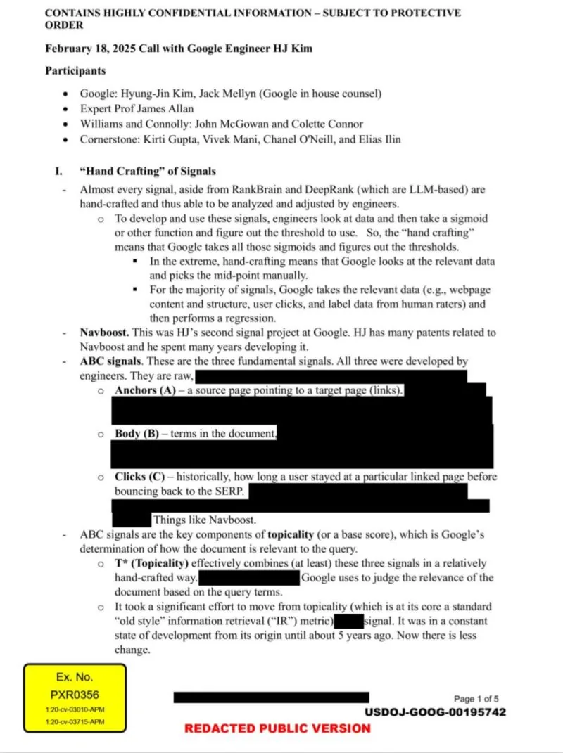 Redacted court exhibit: notes of call with Google engineer on ranking signals