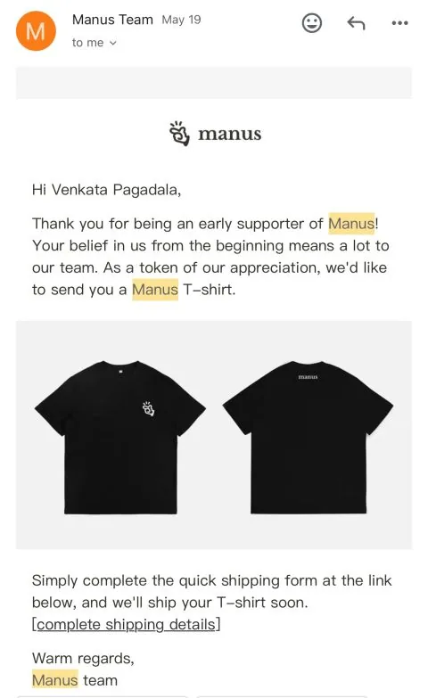 Email from Manus team offering Venkata a T-shirt; name only