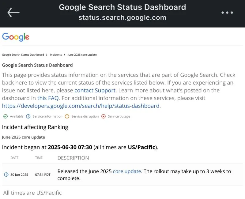 Google Search Status Dashboard: June 2025 core update incident