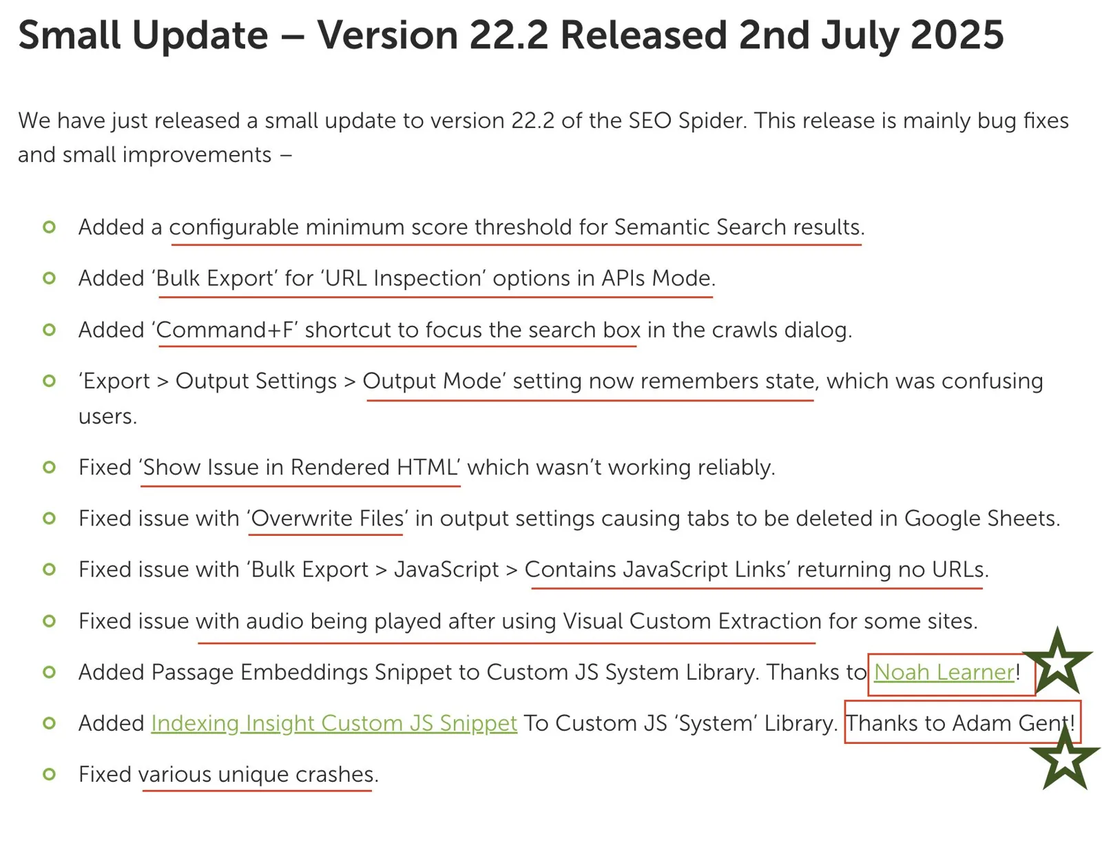 SEO Spider 22.2 release notes with contributor credits starred