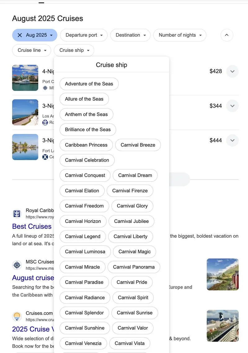 Google "August 2025 Cruises" search feature with cruise ship filter