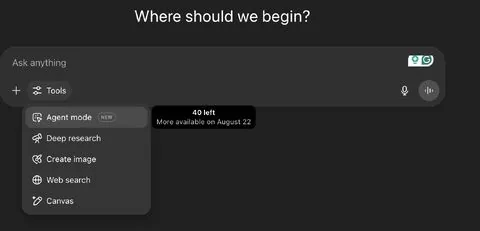 ChatGPT tools menu with new Agent mode option