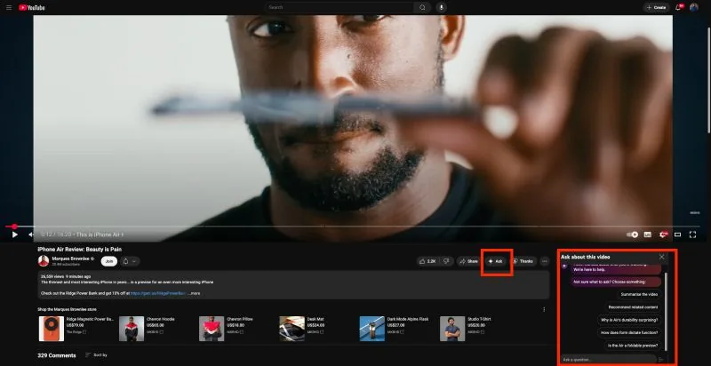 YouTube "Ask about this video" panel on an iPhone Air review