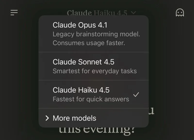 Claude model picker with Haiku 4.5 selected
