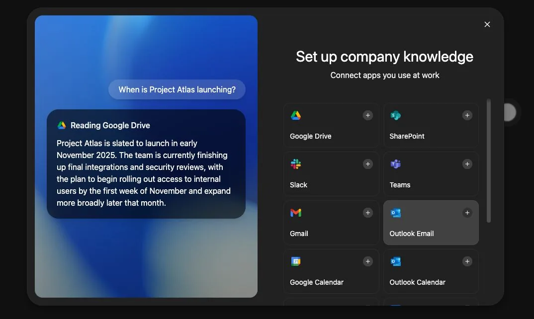 ChatGPT "Set up company knowledge" connectors screen