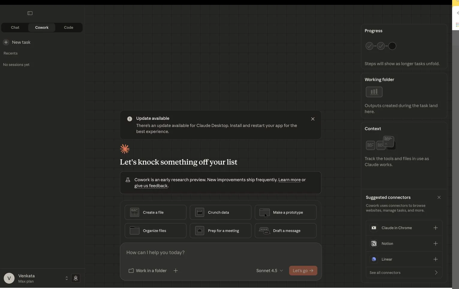 Claude Desktop Cowork home: "Let's knock something off your list"