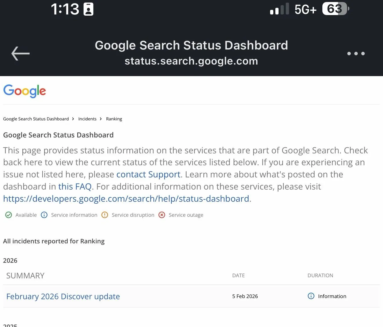 Google Search Status Dashboard: February 2026 Discover update