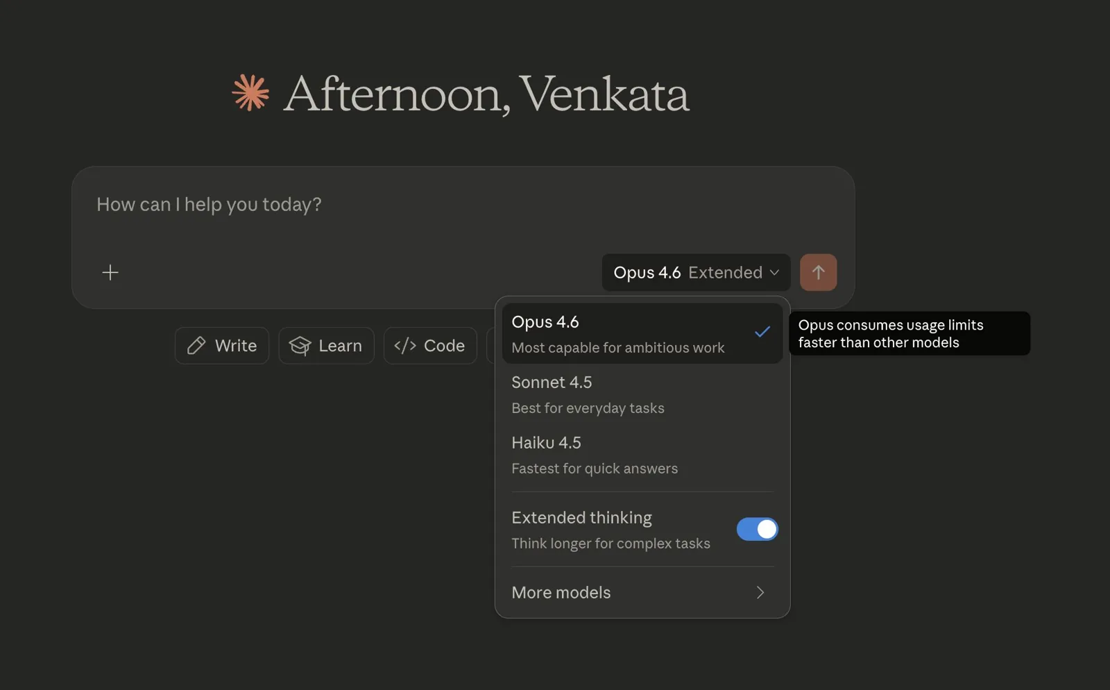Claude "Afternoon, Venkata" model picker with Opus 4.6 Extended
