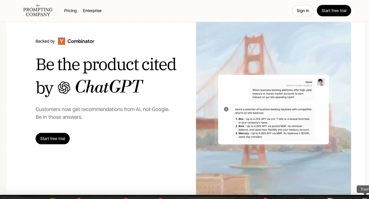 The Prompting Company landing page: "Be the product cited by ChatGPT"