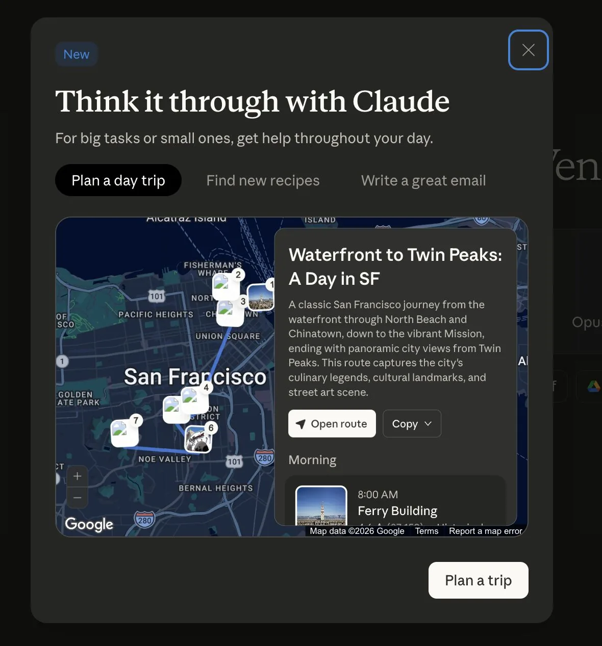 "Think it through with Claude" promo with San Francisco day-trip map