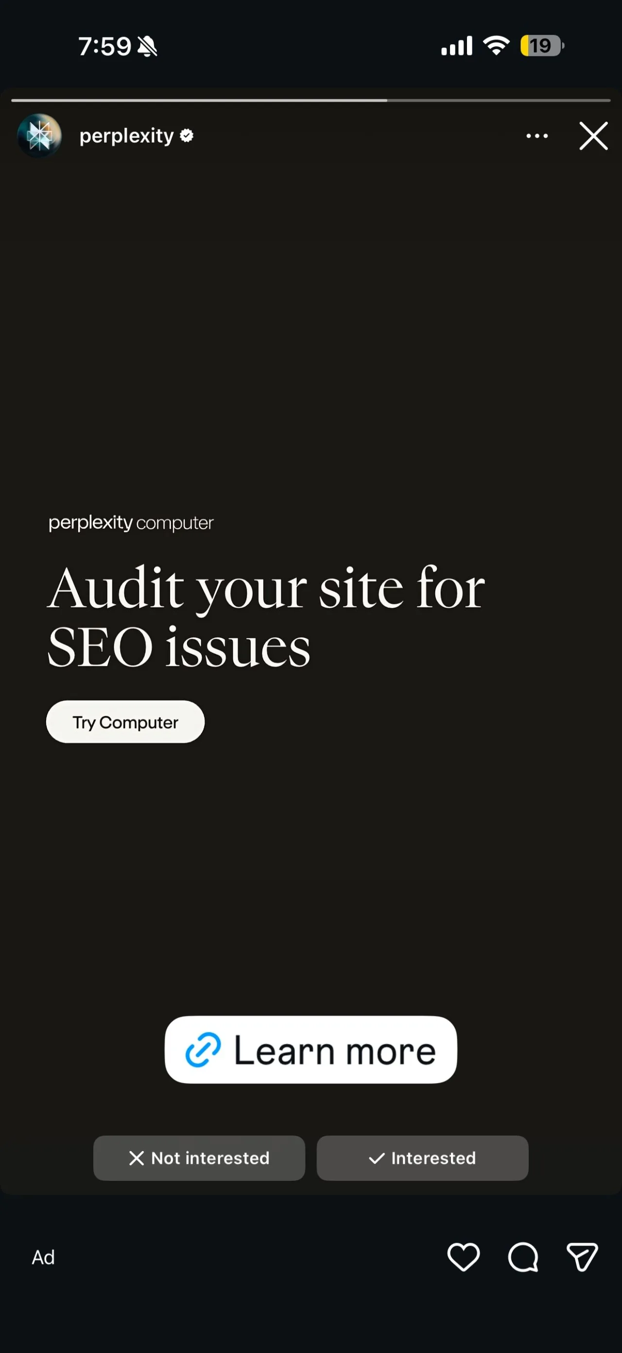 Phone ad: Perplexity Computer "Audit your site for SEO issues"