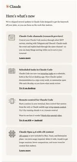 Low-res Claude "Here's what's new" email: channels, scheduled tasks, Opus 4.6