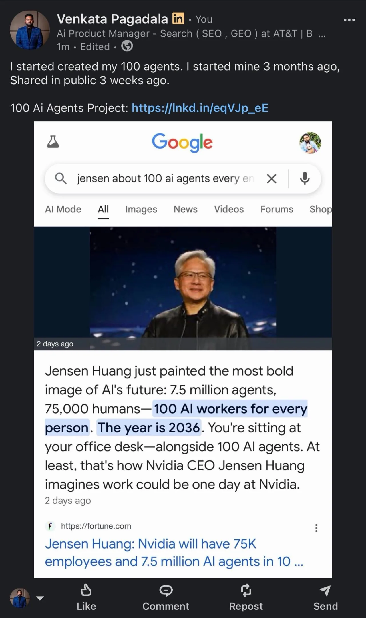 Venkata's LinkedIn post on building 100 agents, Jensen Huang search result