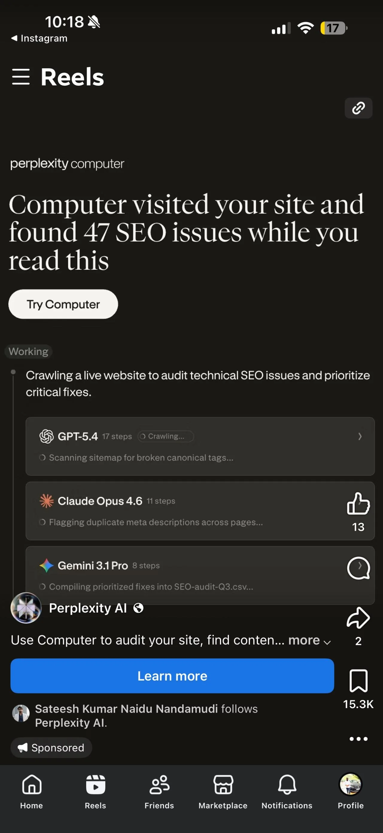 Instagram Reels ad: Perplexity Computer found 47 SEO issues