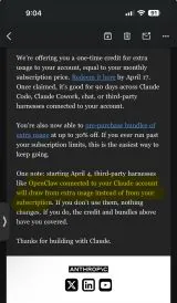 Low-res Anthropic email about one-time credit and third-party harnesses
