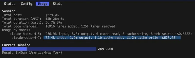 Claude Code usage screen: $679.06 total cost, 26% session used