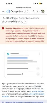 Search Central FAQ structured data page with deprecation notice