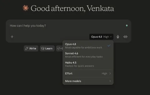 Claude "Good afternoon, Venkata" with model menu open
