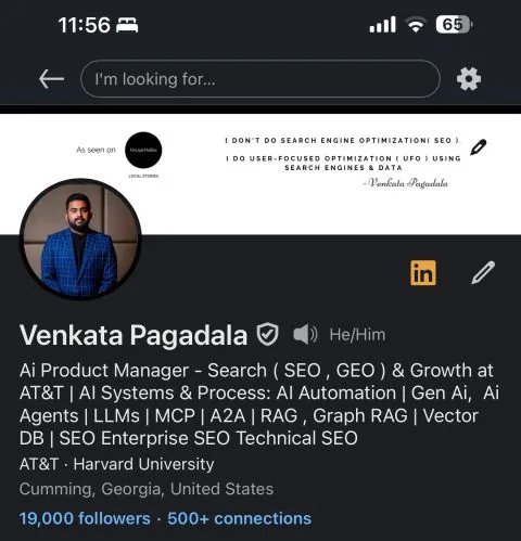 Venkata's mobile LinkedIn profile: AI Product Manager at AT&T, 19,000 followers