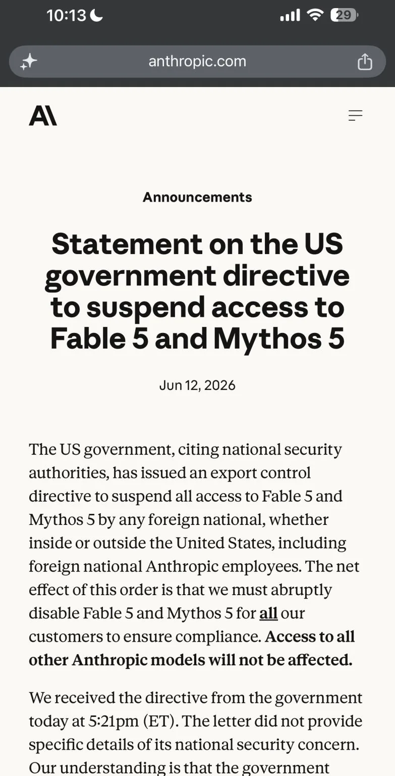 Anthropic statement on US directive to suspend Fable 5 and Mythos 5