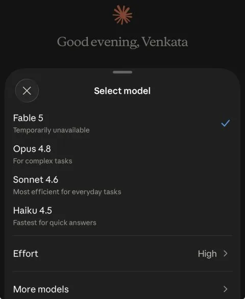 Claude model picker: Fable 5 temporarily unavailable