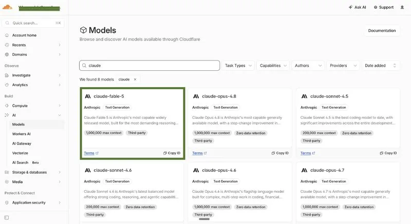 Cloudflare Models catalog search "claude", claude-fable-5 highlighted; account masked