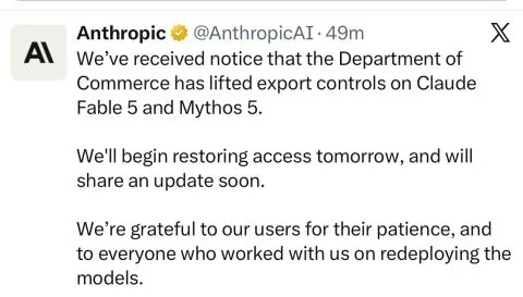 Anthropic post: export controls lifted on Claude Fable 5 and Mythos 5