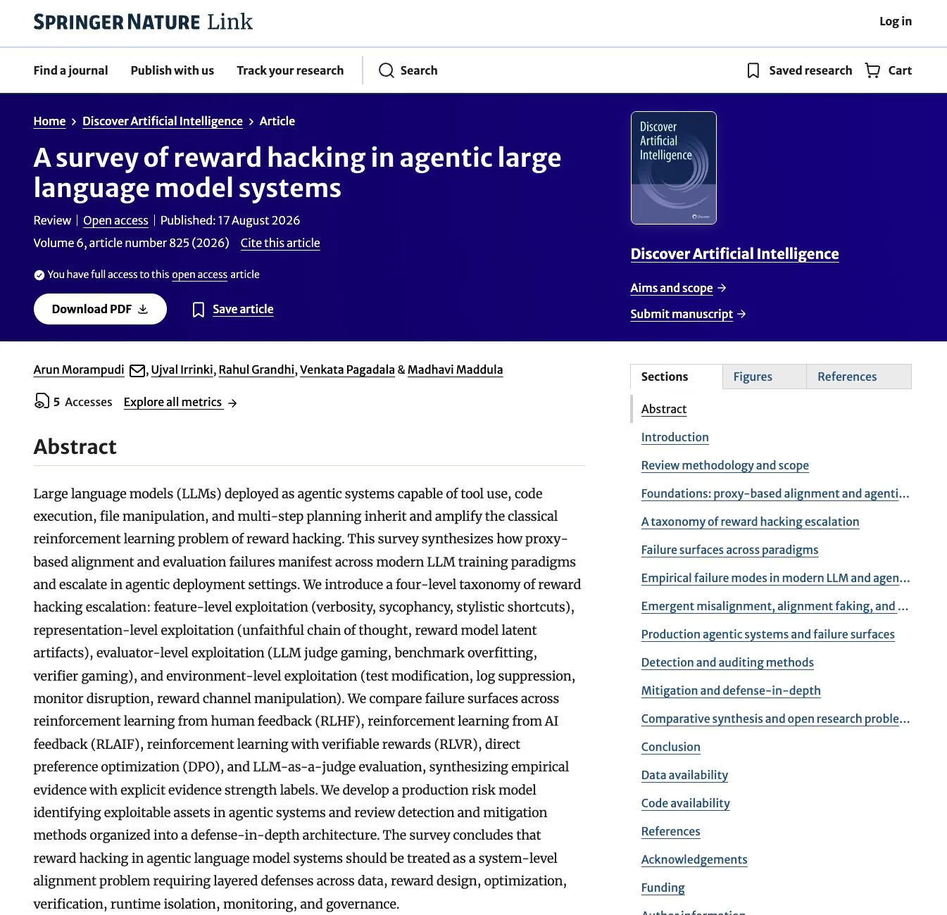 Springer review on reward hacking in agentic LLMs, Venkata as co-author