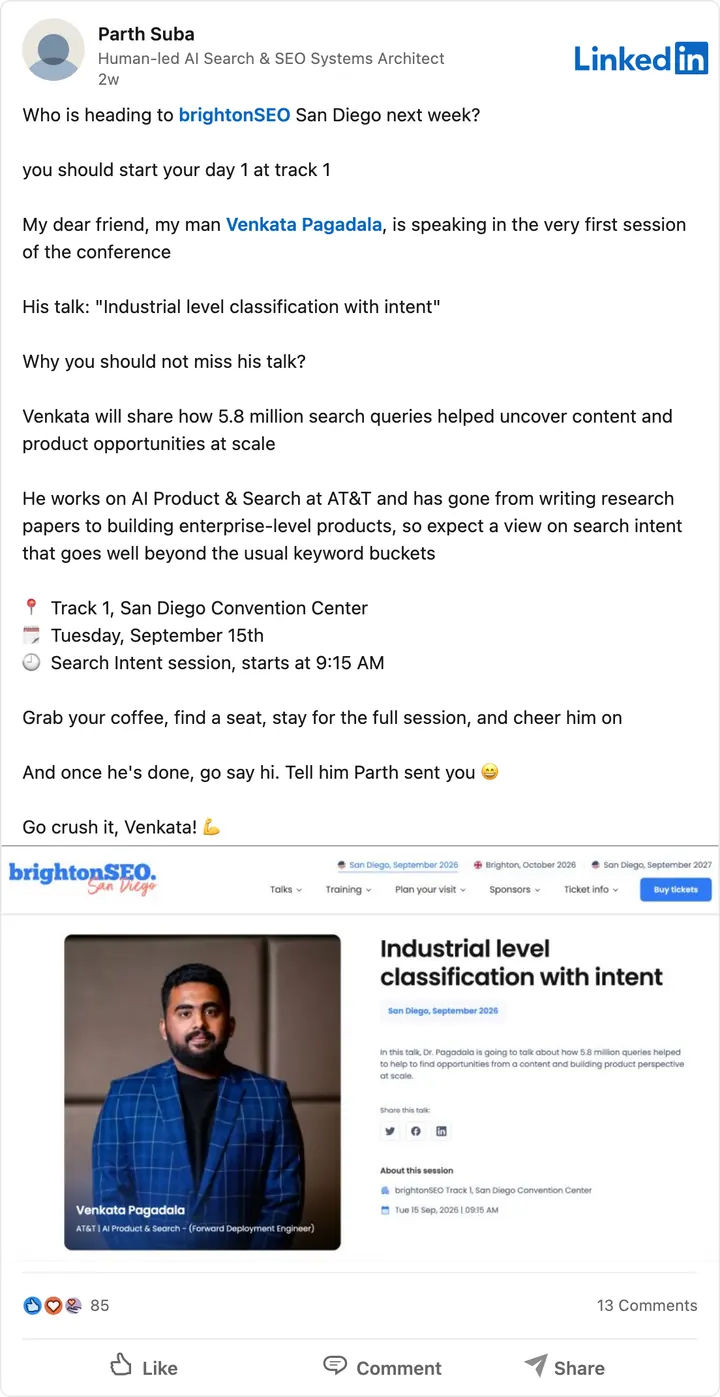 Parth Suba's LinkedIn post of Sep 11, 2026