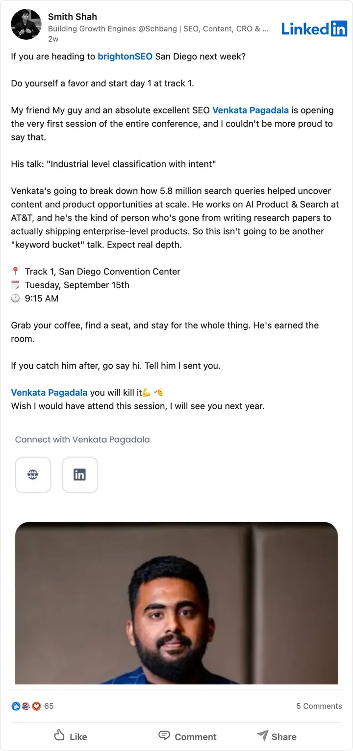 Smith Shah's LinkedIn post of Sep 11, 2026