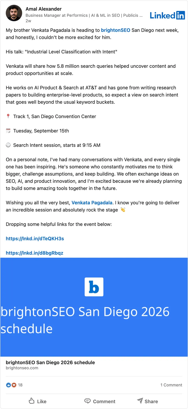 Amal Alexander's LinkedIn post of Sep 11, 2026