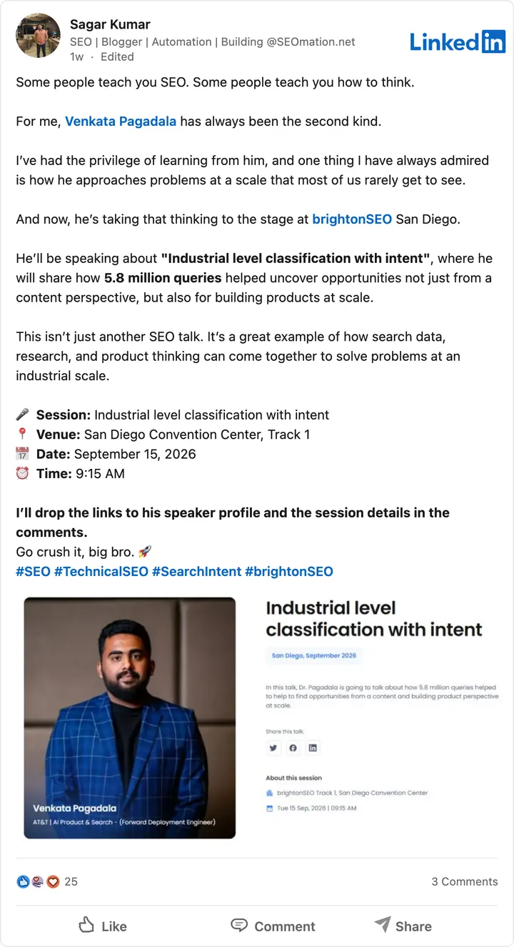 Sagar Kumar's LinkedIn post of Sep 11, 2026