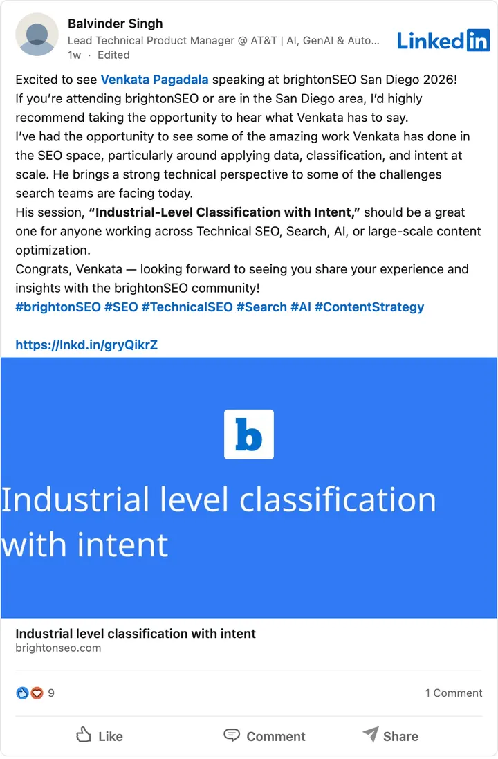 Balvinder Singh's LinkedIn post of Sep 13, 2026