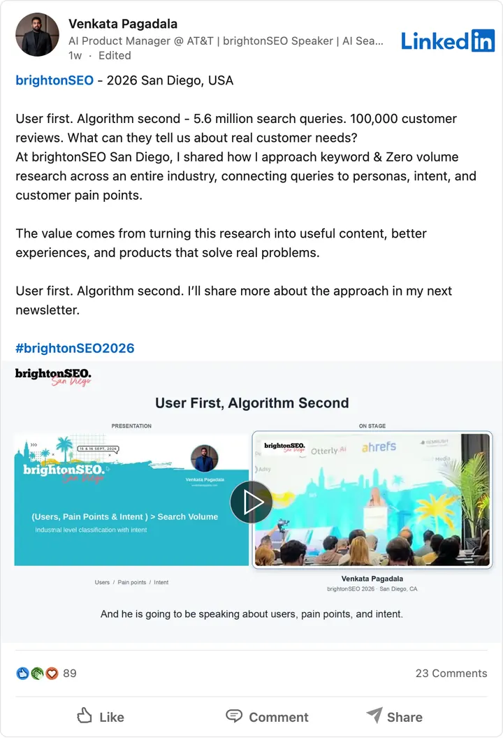 My LinkedIn post of Sep 17, 2026: Recap: user first, algorithm second